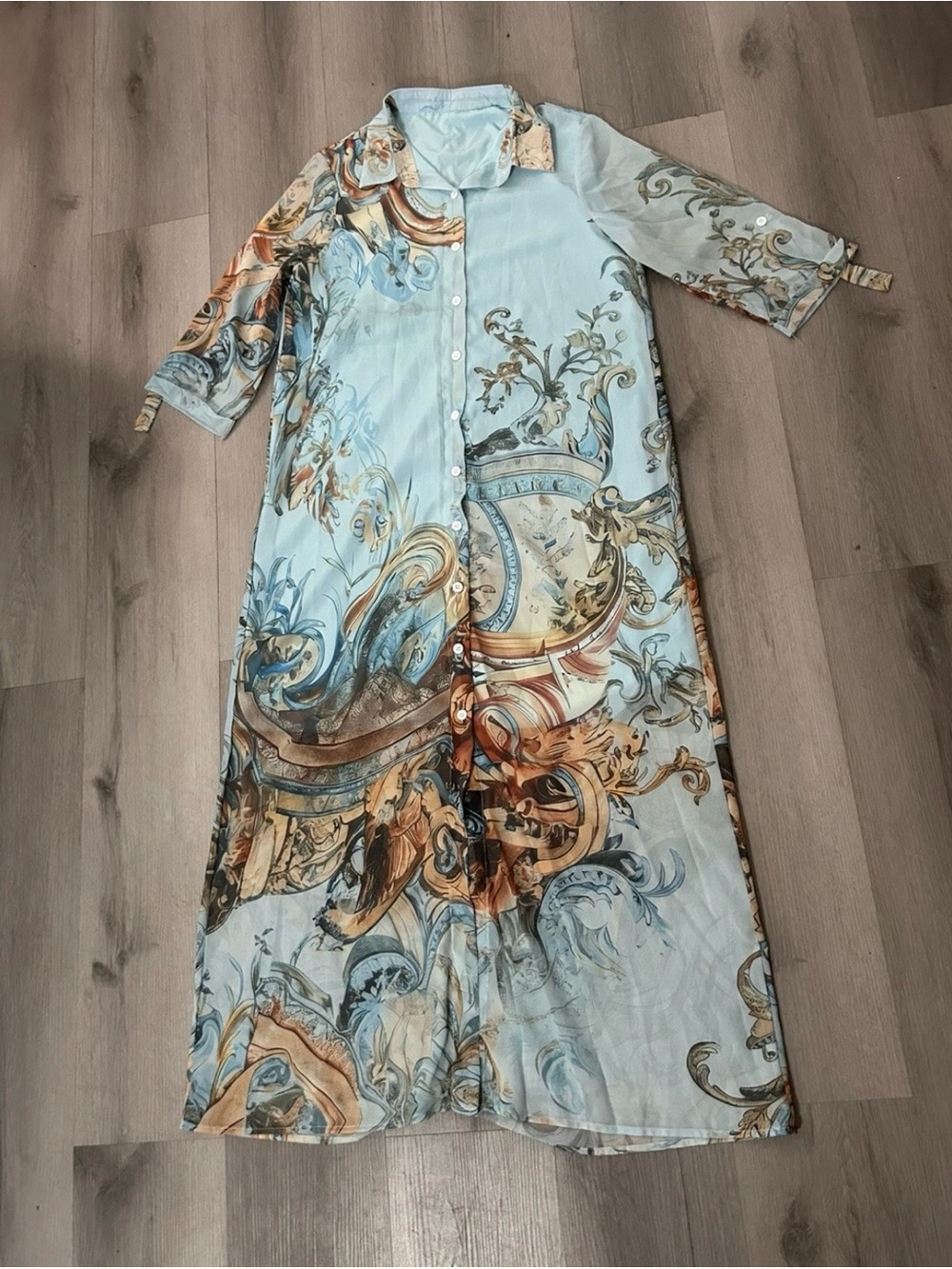 Light Blue Baroque-Print Button-Front Maxi Dress